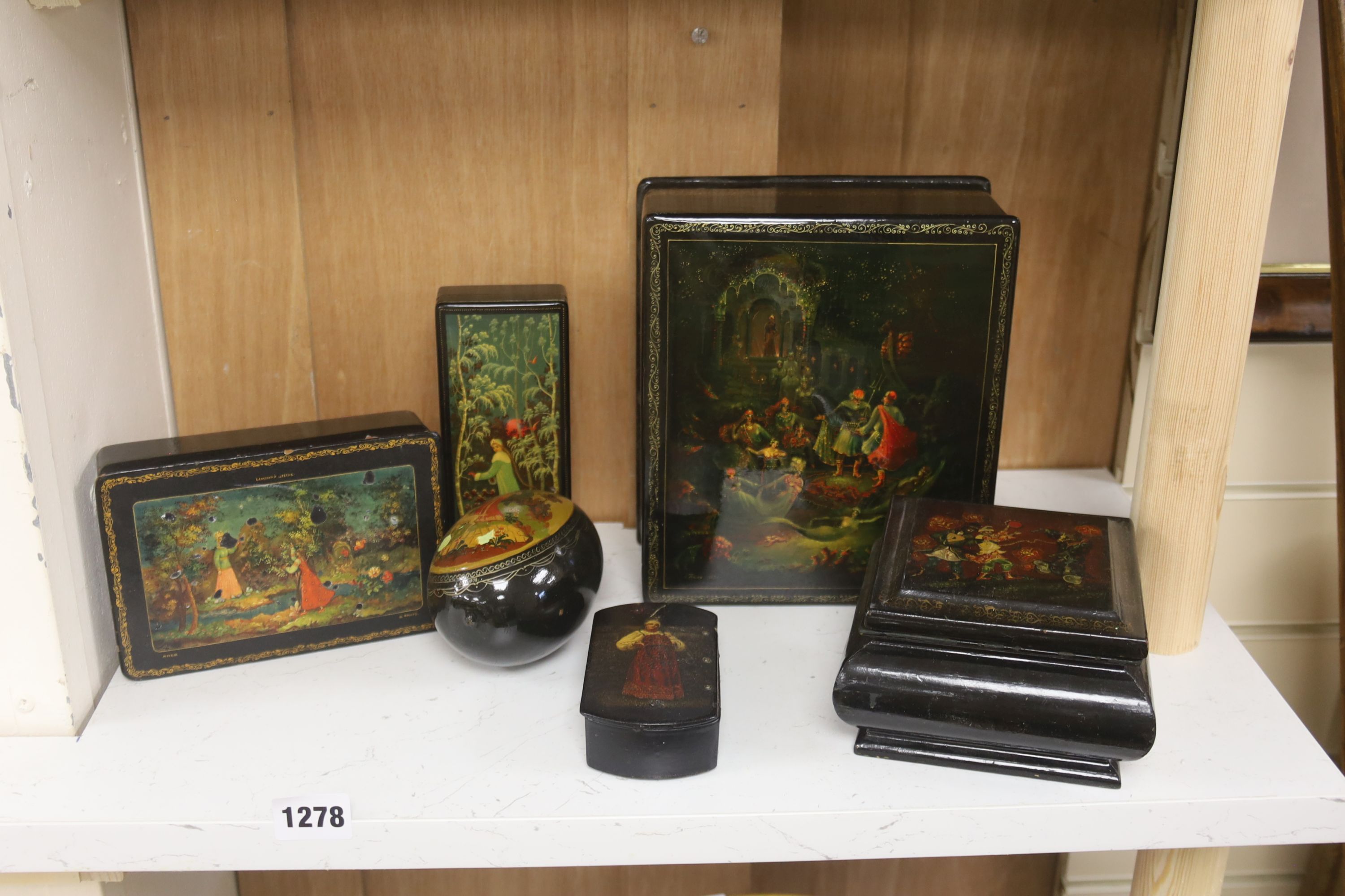 Six Russian Papier mache boxes